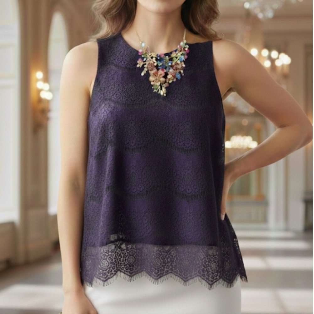 FOURTEENTH PLACE Purple Lacy Eyelash Hem Sleeveless Cocktail Blouse M NWT